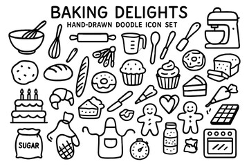 Hand drawn baking doodle icons collection for creative kitchen design