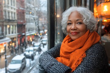 Smiling senior woman enjoys a winter cafe view.