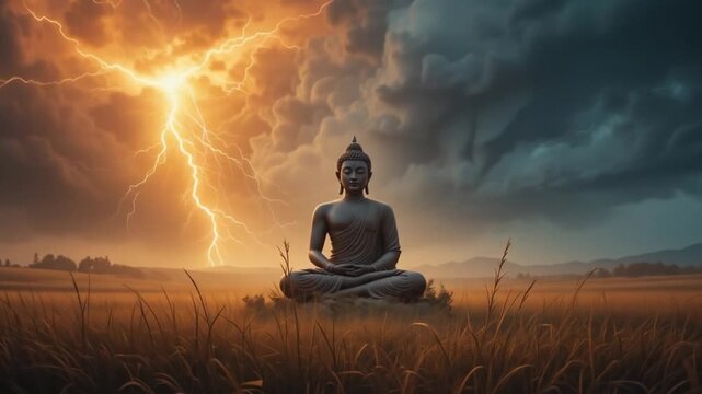 Buddha statue in the middle of a meadow with a background of lightning and black clouds. 4k videos