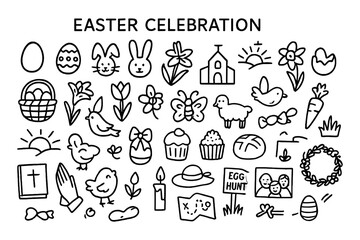 Easter celebration doodles with eggs, bunnies, flowers, and icons