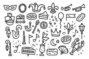 Mardi gras celebration icons featuring music, food, and festive elements in doodle art style