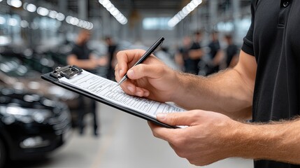 Close-up of a mechanic taking notes on a clipboard while evaluating a vehicle in a well-lit garage setting