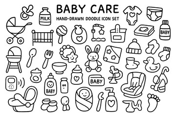 Hand-drawn baby care doodle icon set with crib, toys, and essentials