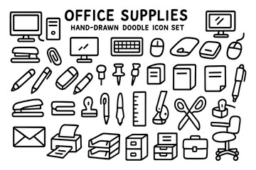 Hand drawn office supplies icon set featuring computers, stationery, and furniture