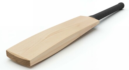 Wooden cricket bat with textured black grip handle shown at angle on white background for sports product photography and athletic equipment catalog