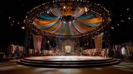 Obraz premium Theater stage, round with tiers, draped fabrics, and clothes racks in the background