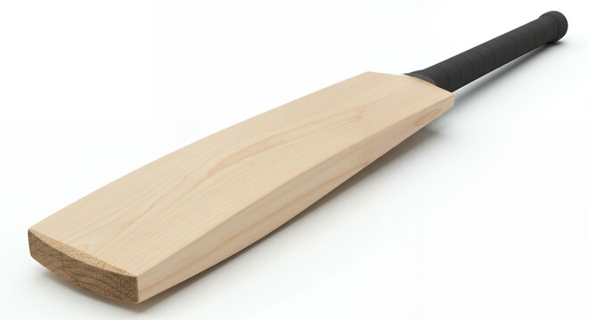 Wooden cricket bat with textured black grip handle shown at angle on white background for sports product photography and athletic equipment catalog