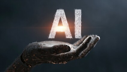 Robotic hand holds glowing AI letters