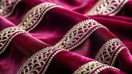 Richly textured velvet fabric with intricate gold and silver threading in a deep berry wine color, intricate pattern, silver thread