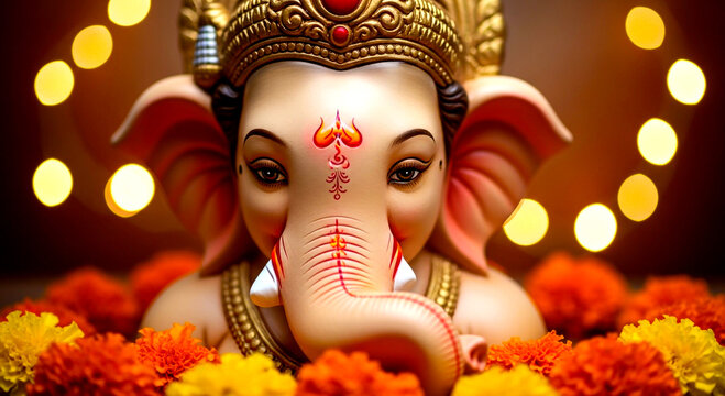 Lord ganesha adorned with flowers and bokeh lights isolated on white background isolated on transparent background silhouette - Powered by Adobe