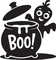 A playful cartoon ghost peeking out from behind a bubbling cauldron with the word boo silhouette vector illustration
