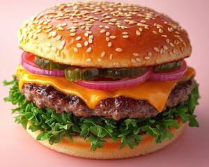 Delicious-looking burger with sesame bun, cheese, patty, greens, pickles and red onions. Background is plain light pink