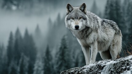 Obraz premium Majestic Grey Wolf Portrait Staring in Snowy Wilderness with Foggy Forest Backdrop, Captivating Wildlife Photography Showcasing Beauty of Nature and Solitude in a Wilderness