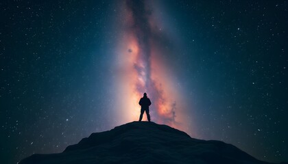 Fototapeta premium A lone figure stands atop a hill under a vibrant, star-filled night sky with the Milky Way stretching above.