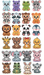 cute cartoon animal character set including wild, farm, and exotic species in adorable colorful vector illustration