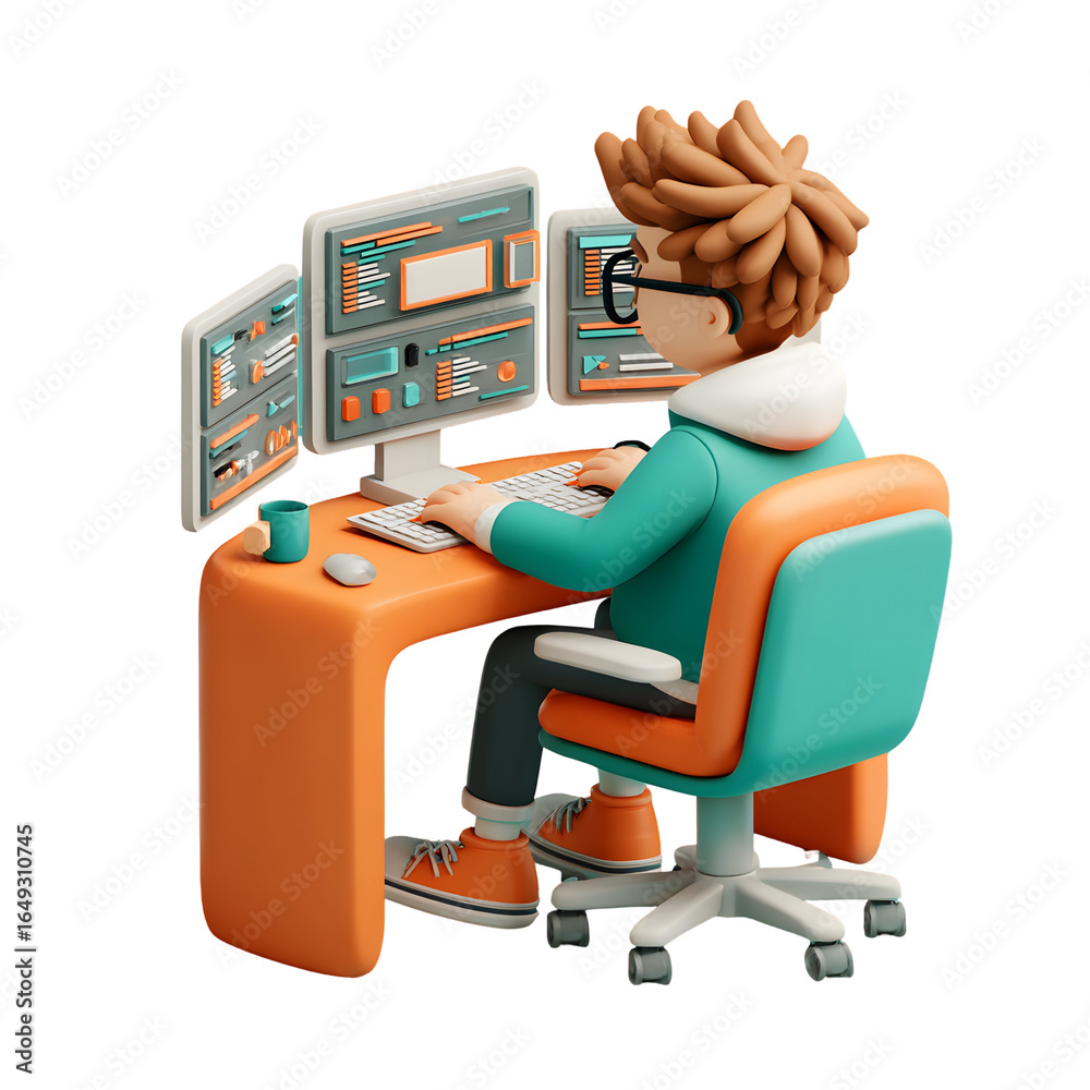 Wall mural cartoon developer working on multiple monitors, isolated programmer, digital profession