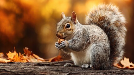 Obraz premium A gray squirrel sits on a log eating a nut, surrounded by autumn colors and fallen leaves