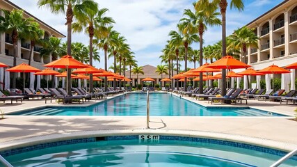 Couple enjoying a resort pool, with palm trees and orange umbrellas. A sunny, relaxing scene of luxury and leisure. . Summer escape, tropical vacation, ultimate relaxation.