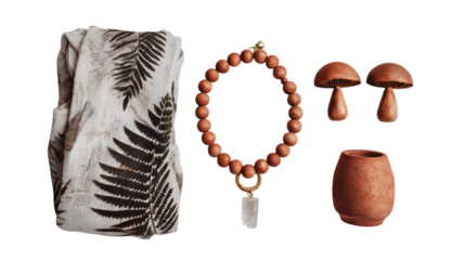 Elegant naturalistic home decor assemblage featuring botanical print textile, wooden beaded necklace, and artisanal pottery isolated on white background 