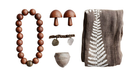 Discover unique handcrafted artisanal objects including wooden beads, ceramic bowl, and embroidered textile isolated on white background 