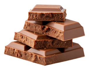 Milk Chocolate Bars with Bite Marks and Cocoa Dust, Isolated on Transparent Background