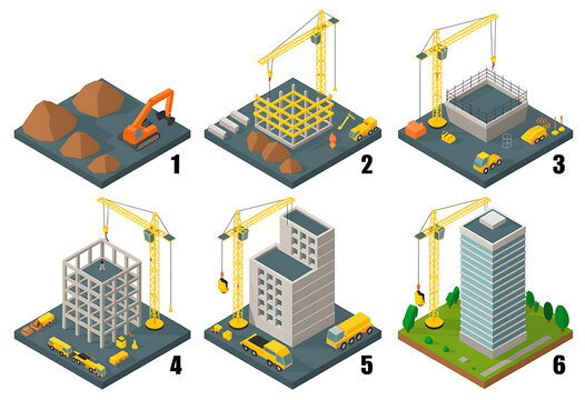 Six stages of skyscraper construction from foundation to completion with cranes and equipment