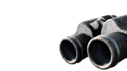 Rugged vintage binoculars, ready for exploration and discovery, sharp focus on optics isolated on white background 