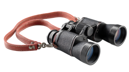 Vintage binoculars with a worn leather strap, perfect for exploration and discovery isolated on white background 