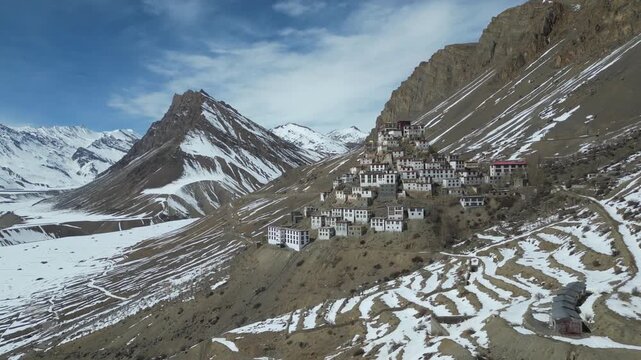 Picturesque view of the Key Gompa Monastery (4166 m) at sunrise. Aerial View Video on Key Monastery, Spiti valley, Himachal Pradesh, india, Akhand Bharat.	