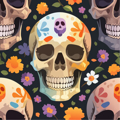 Dark seamless pattern of Halloween skulls on black background, perfect for gothic decor, spooky fabrics, and seasonal designs.