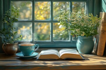 Steaming tea and open book on rustic table in warm sunlight.