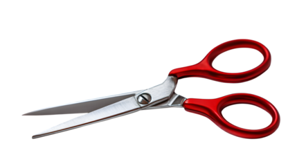 Professional red handled scissors with sharp metal blades ready for precise cutting action isolated on white background 