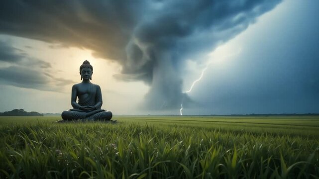 Buddha statue in the middle of a meadow with a background of lightning and black clouds. 4k videos