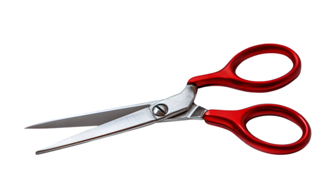 Professional red handled scissors with sharp metal blades ready for precise cutting action isolated on white background 