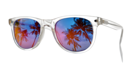 Crystal clear sunglasses capture vibrant tropical sunset reflections for your next escape isolated on white background 