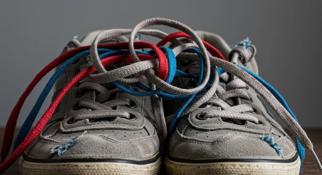 Old sneakers with colorful tangled laces on grey background
