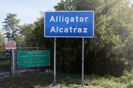Ochopee, Florida, USA - Aug 14, 2025: The entrance to Alligator Alcatraz. Alligator Alcatraz is an immigration detention facility inside Big Cypress National Preserve in Ochopee, Florida, USA.