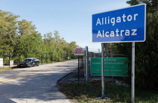 Ochopee, Florida, USA - Aug 14, 2025: The entrance to Alligator Alcatraz. Alligator Alcatraz is an immigration detention facility inside Big Cypress National Preserve in Ochopee, Florida, USA.