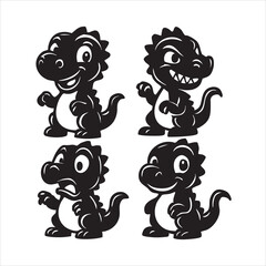 Black and white cartoon dinosaur illustration set with expressive faces playful prehistoric character graphics featuring happy, mischievous, surprised, and neutral poses, ideal for kids' designs, st
