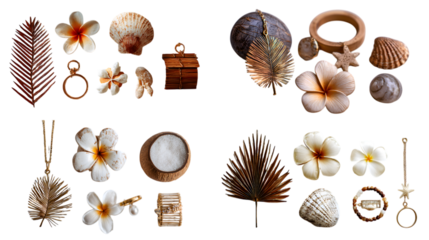 Escape to paradise with tropical flowers, seashells, and elegant gold jewelry for a serene beach vibe isolated on white background 