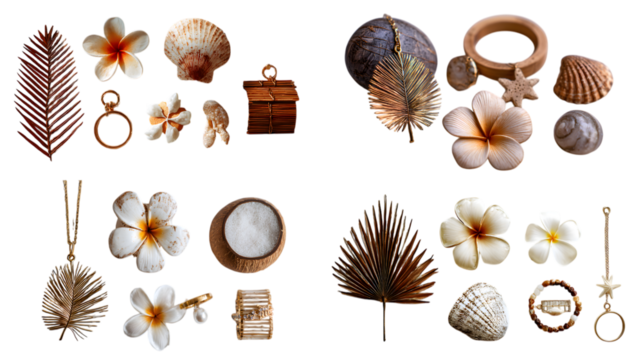 Escape to paradise with tropical flowers, seashells, and elegant gold jewelry for a serene beach vibe isolated on white background 