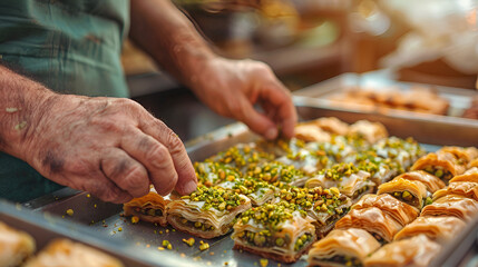 Chef Hands Preparing Delicious Street Food with Herbs and Spices, Culinary Festival and Traditional Food Event Background