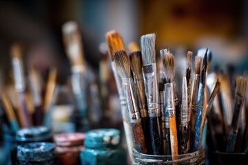 Close-up of various paintbrushes in a jar, surrounded by paint containers. Artistic tools