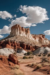 Desert landscape, colorful buttes under a bright sky