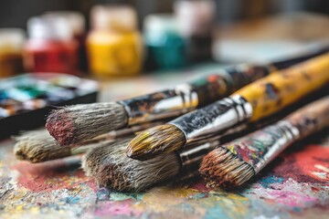 Fototapeta premium Paintbrushes on a palette with paint