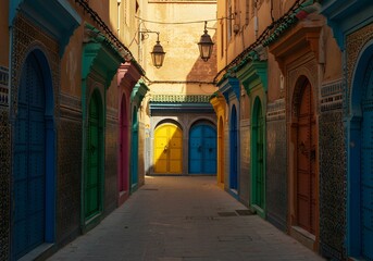 Fototapeta premium Old Moroccan medina with colorful doors and intricate tiles