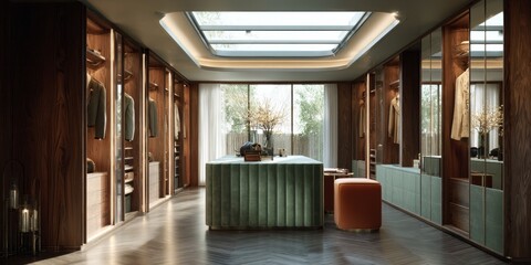 Luxurious walk-in closet with green accents.