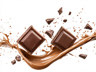 Chocolate chunks and liquid chocolate splash on a white background for advertising