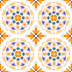 Arabian ethnic tribal fabric pattern featuring floral motifs in orange, purple, and yellow tones. Designed in an ethnic watercolour style and contrasted against a white background, ethnic this artwor