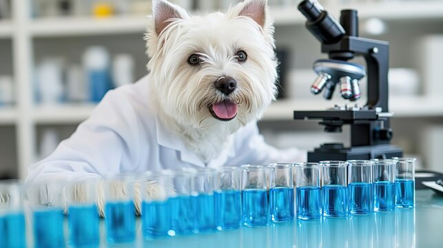 West Highland White Terrier in Lab Coat Working in Laboratory with Microscope and Test - Tubes